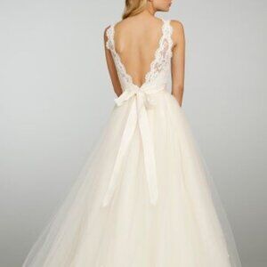 Jim Hjelm High-Neck A-Line Wedding Gown with Alencon Lace